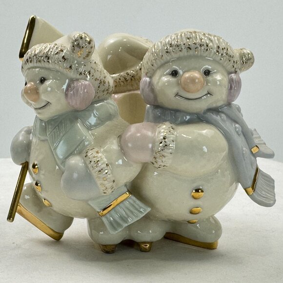 Vintage Set of 2 Lenox Snowmen Trio Skating by Candlelight Candle Holders Taper - Picture 10 of 16